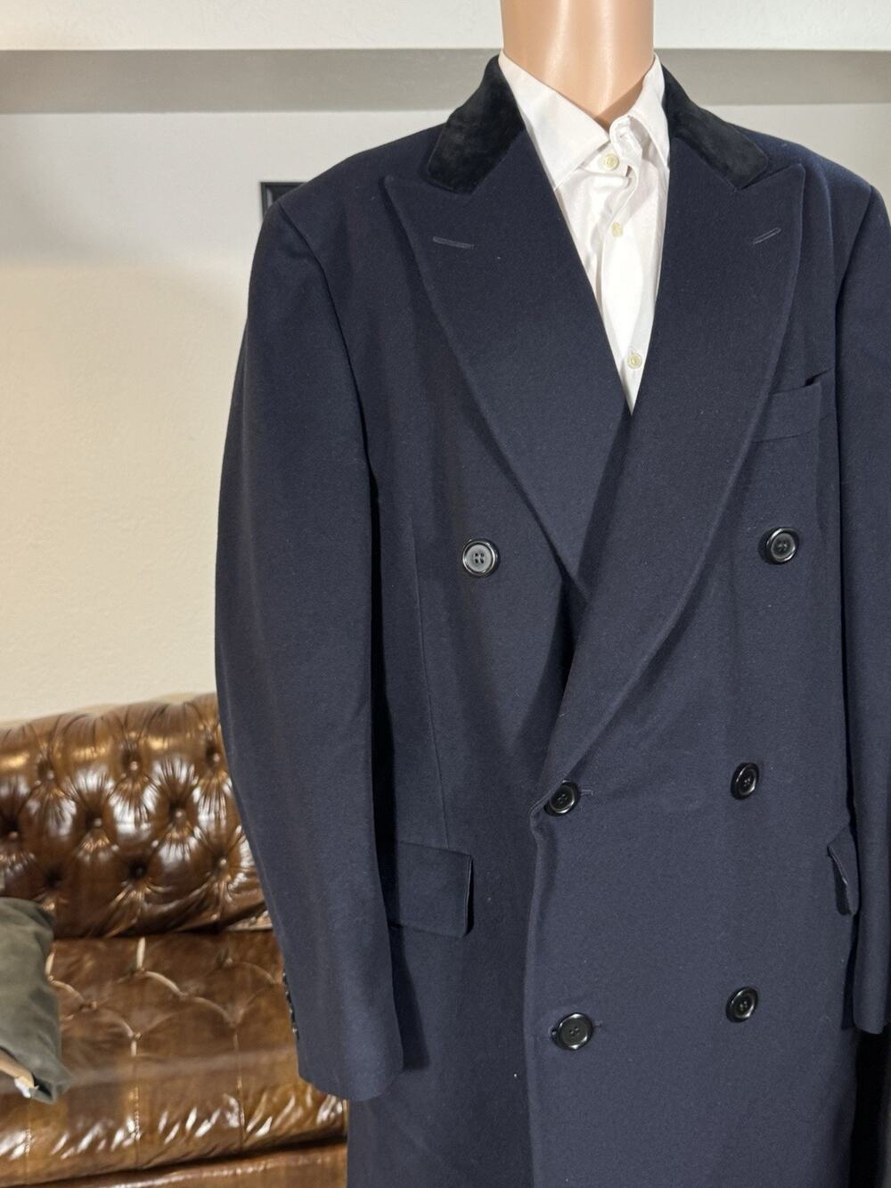 Paul Stuart Double Breasted Overcoat TopCoat 44 Wool Cashmere Chesterfield Navy